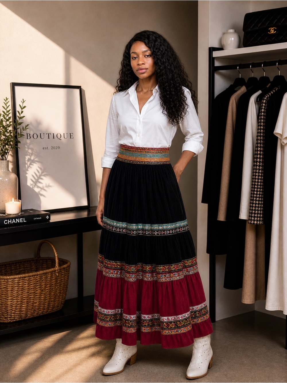 Roja Black Tiered Maxi Skirt with Embellished Details S